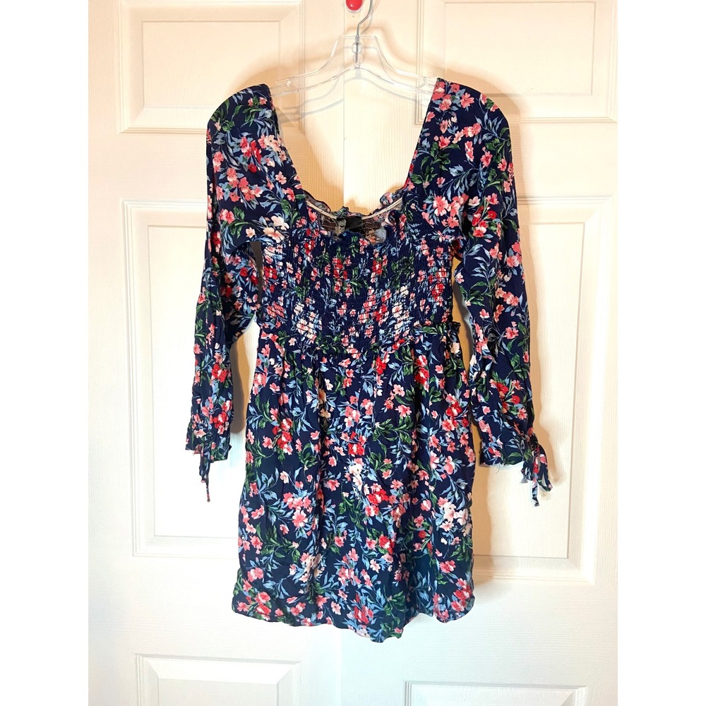 Luna Chix Navy Floral Smocked Mini Dress Long Sleeve Square Neck M